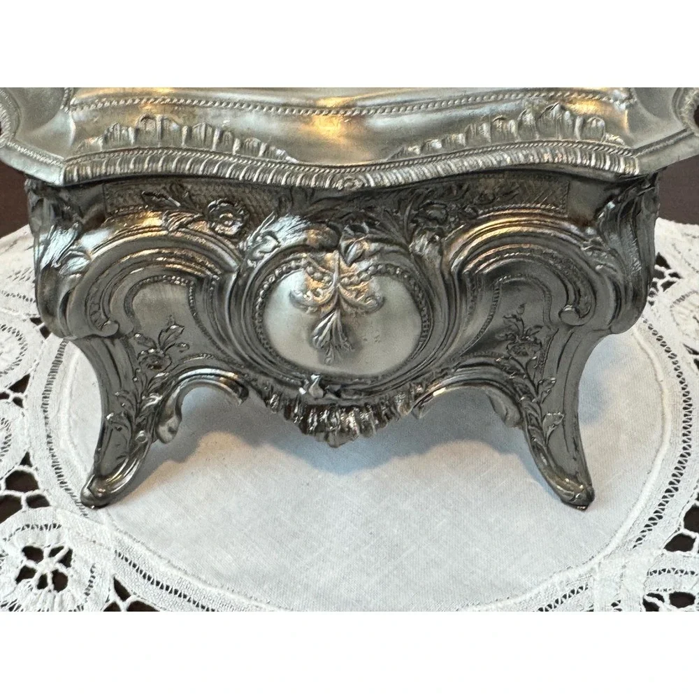 Vintage Ornate Silver Tone Footed Jewelry Casket Box Red Velvet Lining Rococo